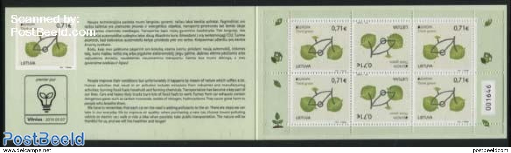 Lithuania 2016 Europa, Think Green Booklet, Mint NH, History - Nature - Sport - Europa (cept) - Environment - Cycling .. - Environment & Climate Protection