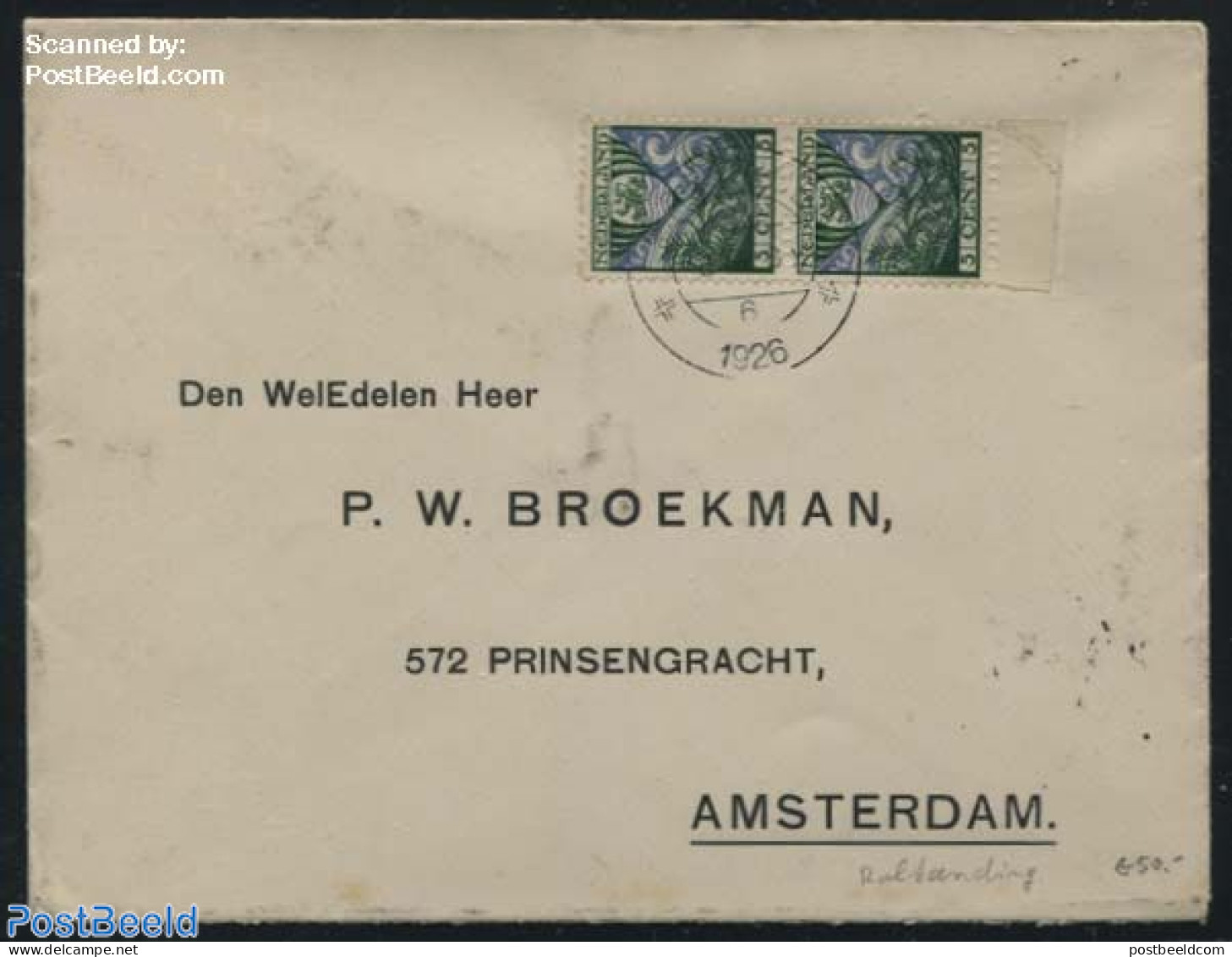 Netherlands 1926 Sync. Perforation (Roltanding) NVPH No. R75 2x On Letter, Postal History - Cartas & Documentos