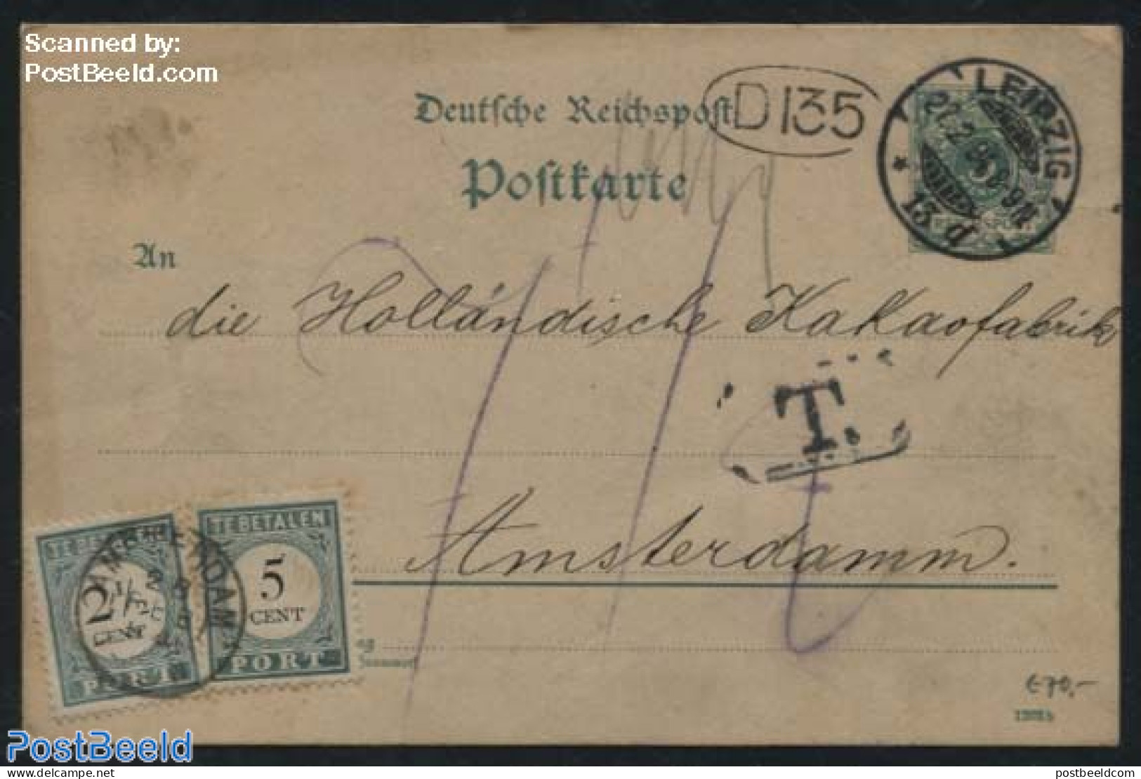 Netherlands 1894 Postcard From Leipzig To Amsterdam, Dutch Postage Due 7.5c, Postal History - Covers & Documents