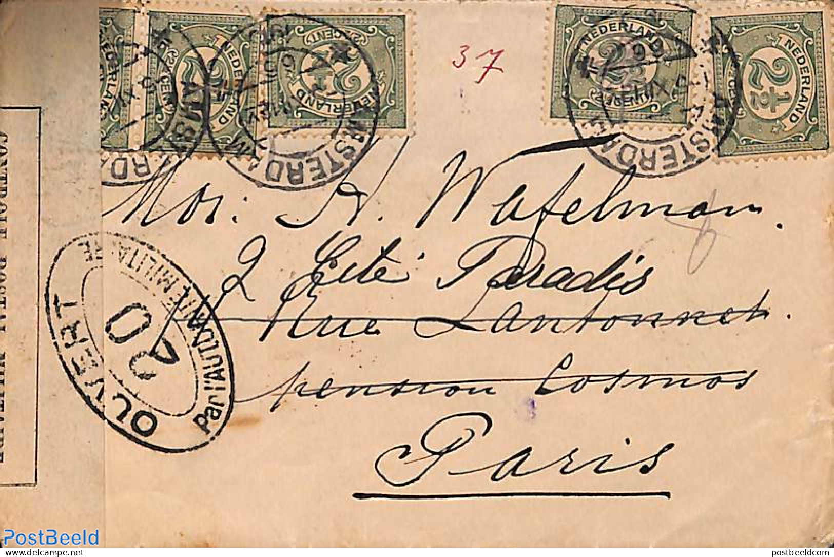 Netherlands 1916 Letter From Amsterdam To Paris, Censored By Military Authority, Postal History, Censored Mail - Covers & Documents