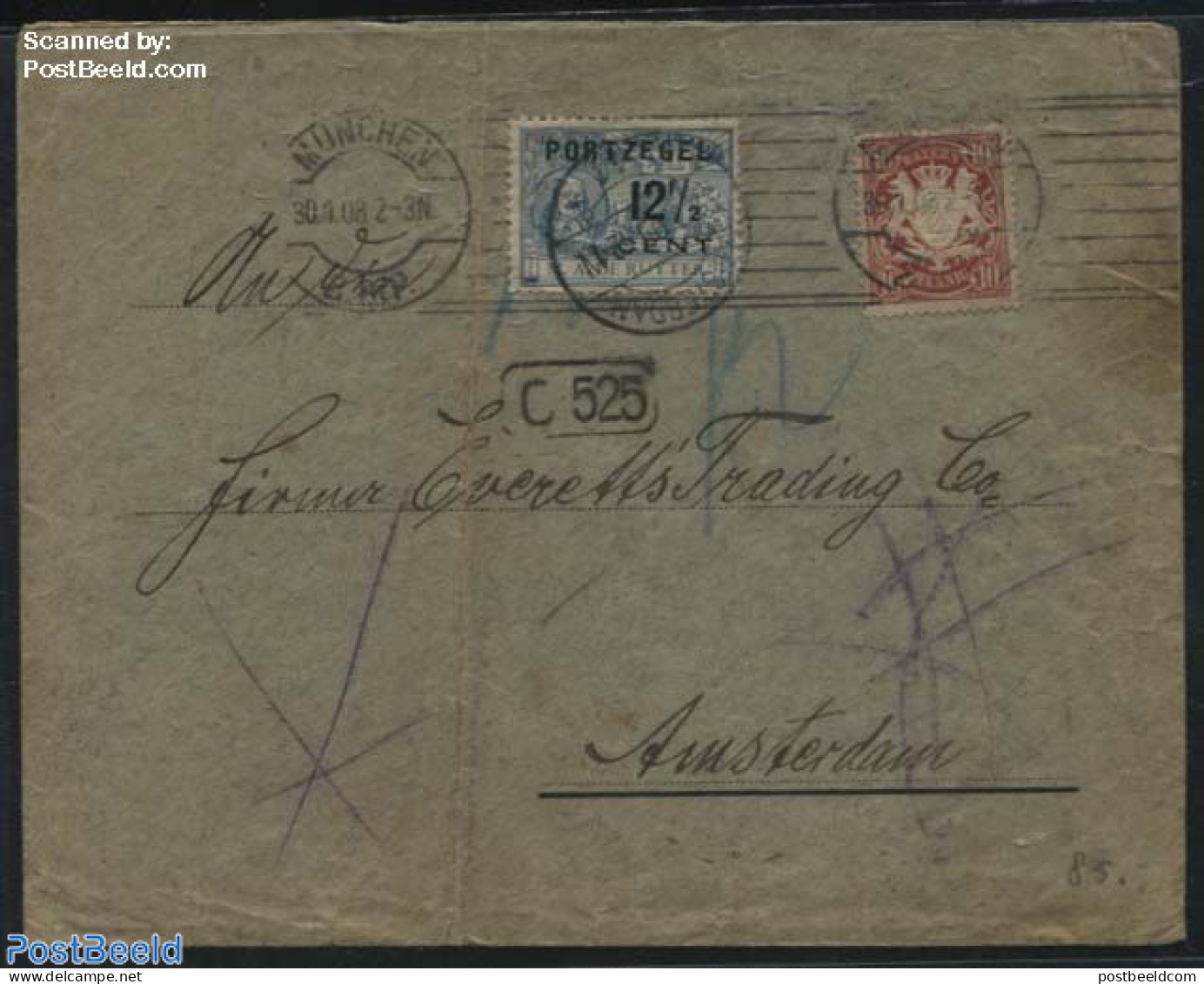 Netherlands 1908 12.5c Michiel De Ruyter Postage Due Stamp On Letter From Bavaria To Amsterdam, Postal History - Lettres & Documents