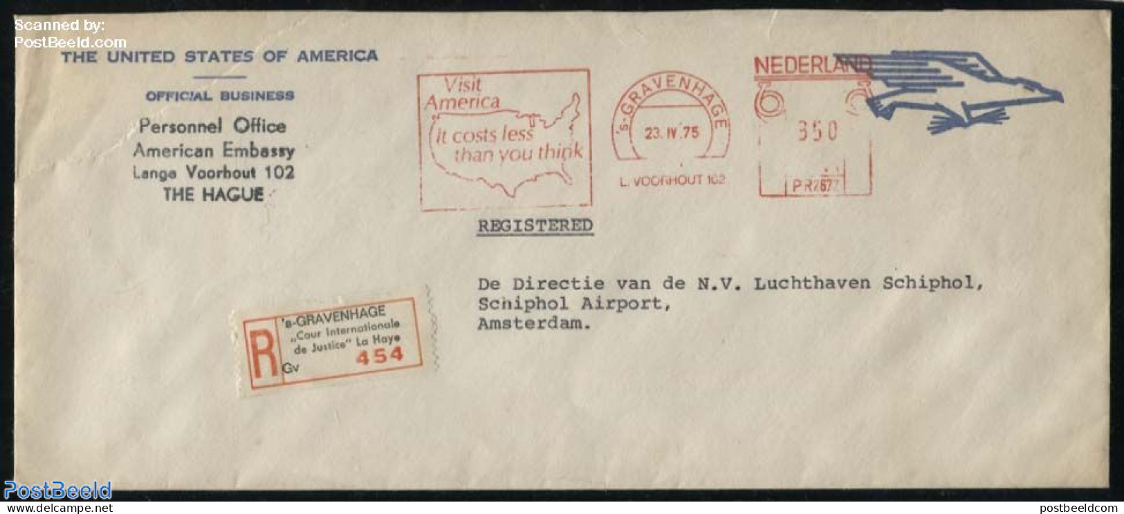 Netherlands 1975 Registered Letter From American Embassy Sent Via The Post Office Of The Int. Court Of Justice, Postal.. - Brieven En Documenten