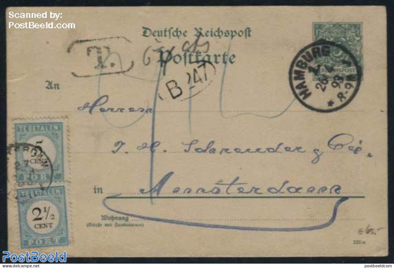 Netherlands 1893 Postcard From Germany, Postage Due Rate 7.5c (5c And 2.5c), Postal History - Storia Postale