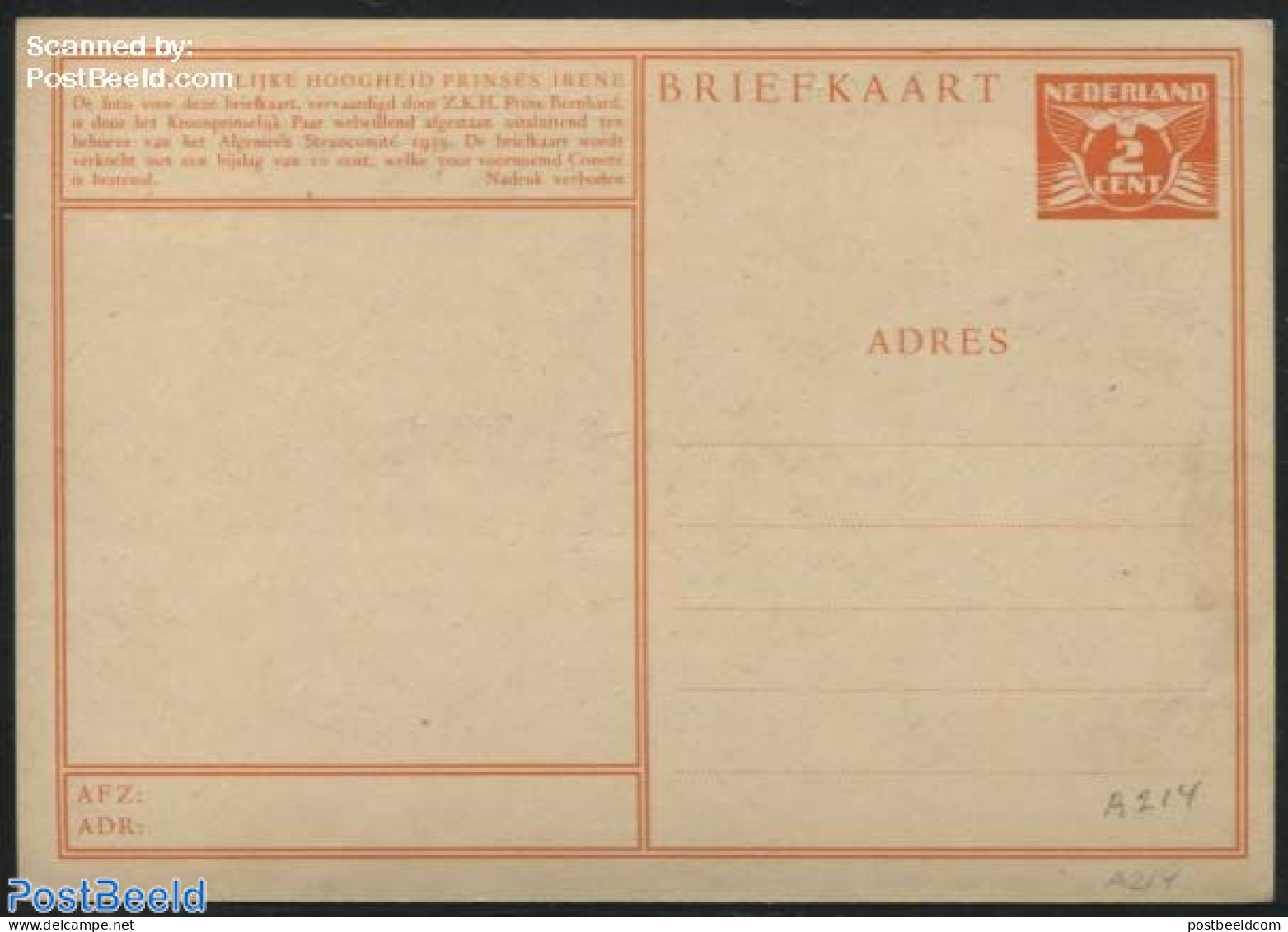 Netherlands 1940 Postcard 2c, Princess Irene, Unused Postal Stationary, History - Kings & Queens (Royalty) - Cartas & Documentos