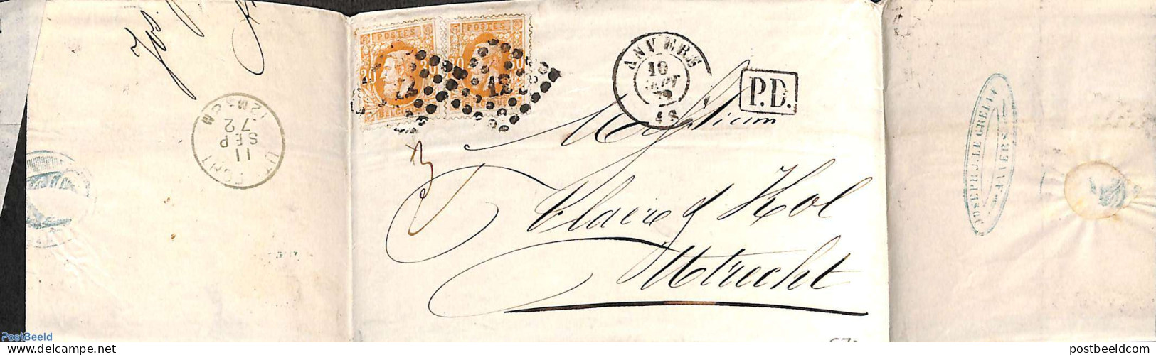 Belgium 1872 Folding Cover From Anvers To Utrecht, Postal History - Briefe U. Dokumente