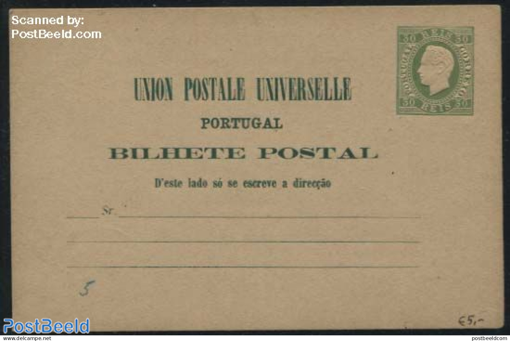 Portugal 1879 Postcard 30R, Yellowgreen, Unused Postal Stationary - Covers & Documents