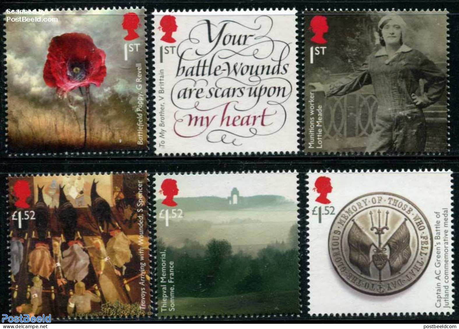 Great Britain 2016 The Great War 1916 6v, Mint NH, History - Nature - Decorations - Flowers & Plants - Art - Paintings.. - Neufs