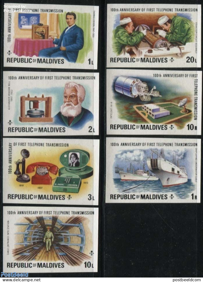 Maldives 1976 Telephone Centenary 7v, Imperforated, Mint NH, Science - Transport - Inventors - Telecommunication - Tel.. - Télécom