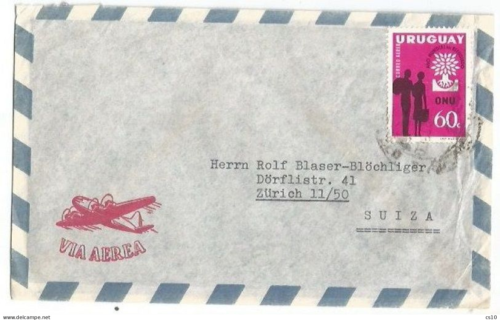 1960 Int. Year Refugees - Uruguay Issue C60 Solo Franking AirmailCV M.Video 10sep1961 X Suisse - Rifugiati