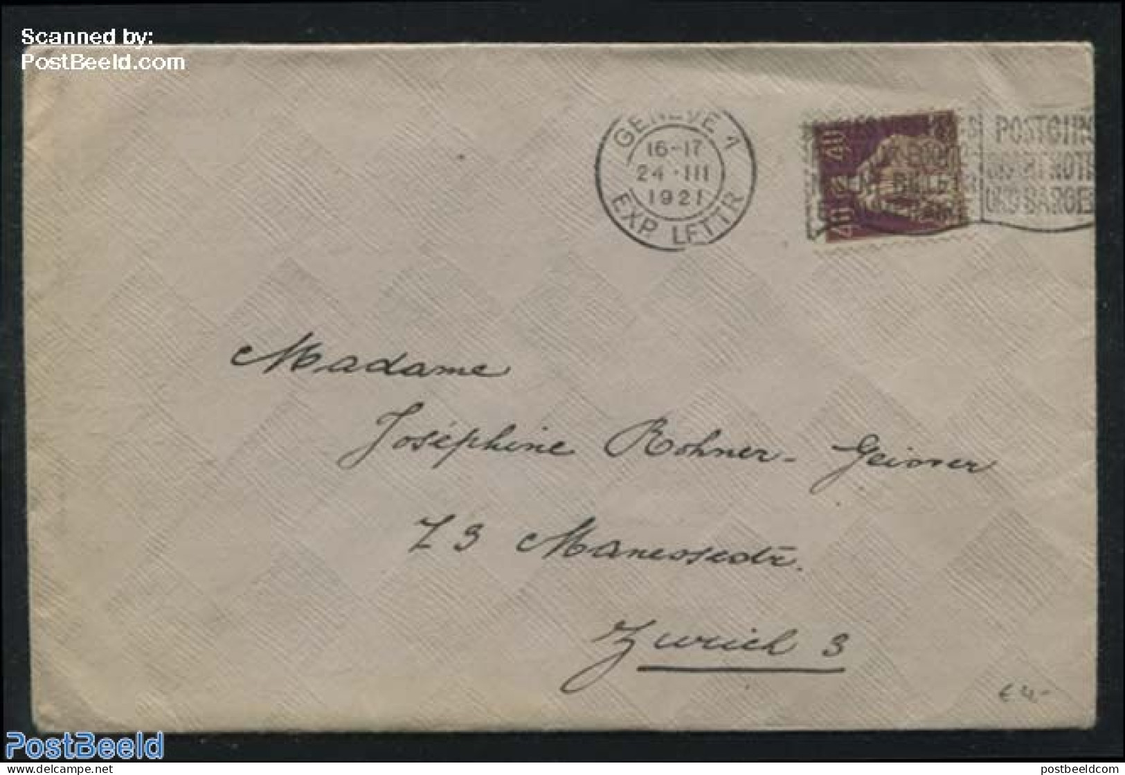 Switzerland 1921 Letter From Geneve To Zuerich, Postal History - Covers & Documents