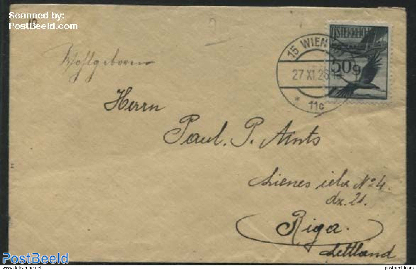 Austria 1928 Letter From Vienna To Riga, Postal History, Nature - Transport - Birds - Aircraft & Aviation - Lettres & Documents
