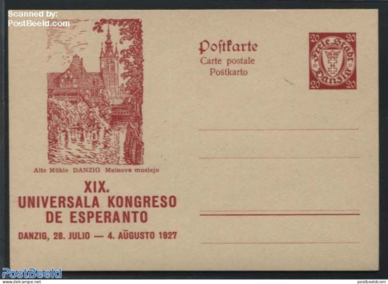 Germany, Danzig 1927 Illustrated Postcard, Esperanto, 20pf, Old Mill, Unused Postal Stationary, Science - Various - Es.. - Mühlen