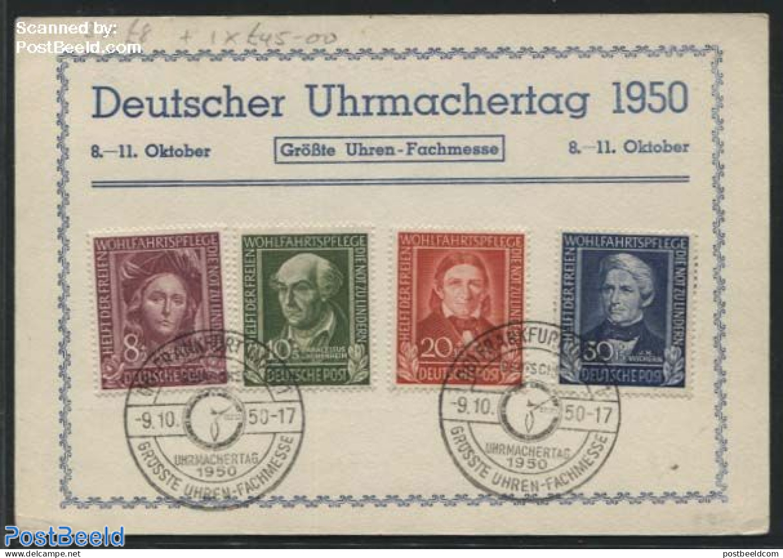 Germany, Federal Republic 1950 Welfare 1949 Set On Card With Special Postmark Uhren-Fachmesse, Postal History, Art - C.. - Briefe U. Dokumente