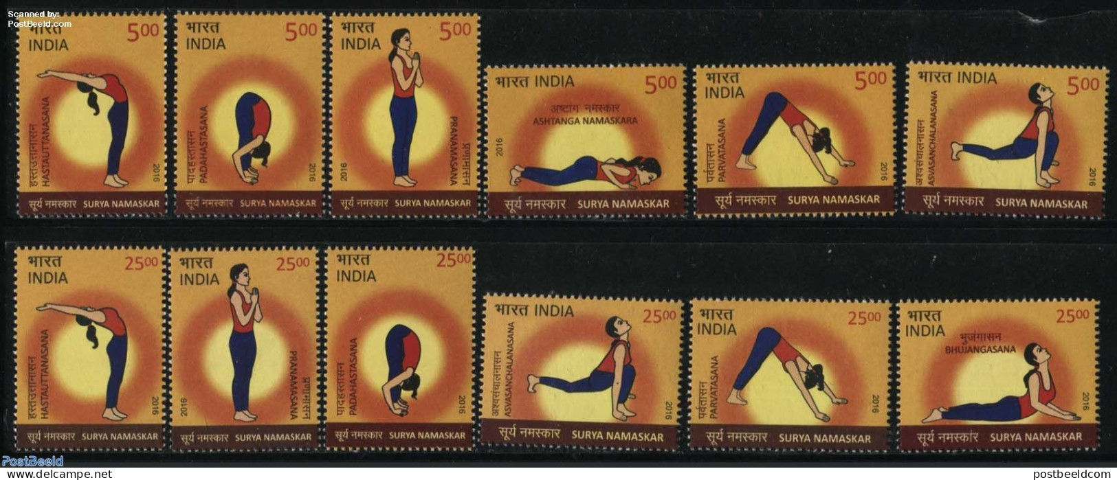 India 2016 Yoga, Surya Namaskar 12v, Mint NH, Sport - Sport (other And Mixed) - Unused Stamps