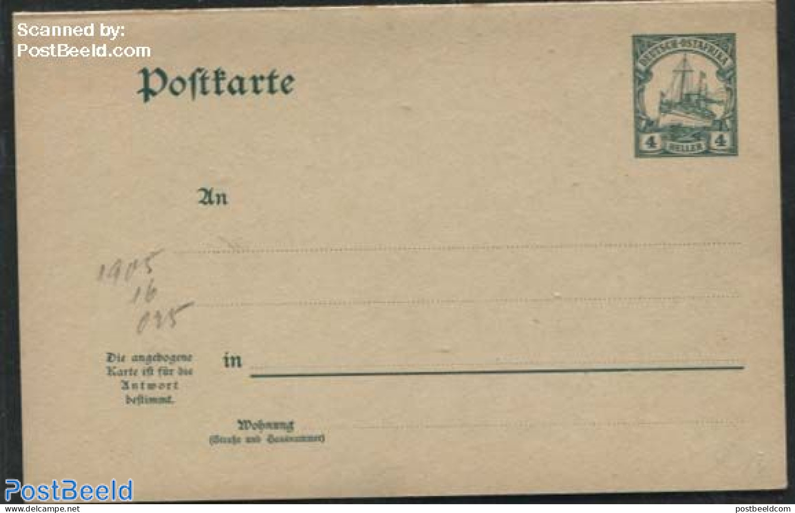 Germany, Colonies 1905 Deutsch Ostafrika, Reply Paid Postcard, 4/4 Heller, Unused Postal Stationary, Transport - Ships.. - Boten