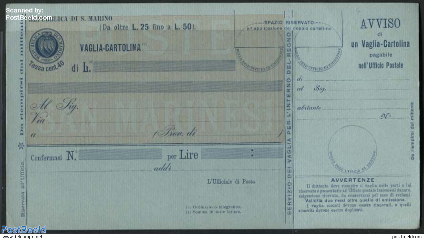 San Marino 1903 Money Order, 40c, Unused Postal Stationary - Briefe U. Dokumente