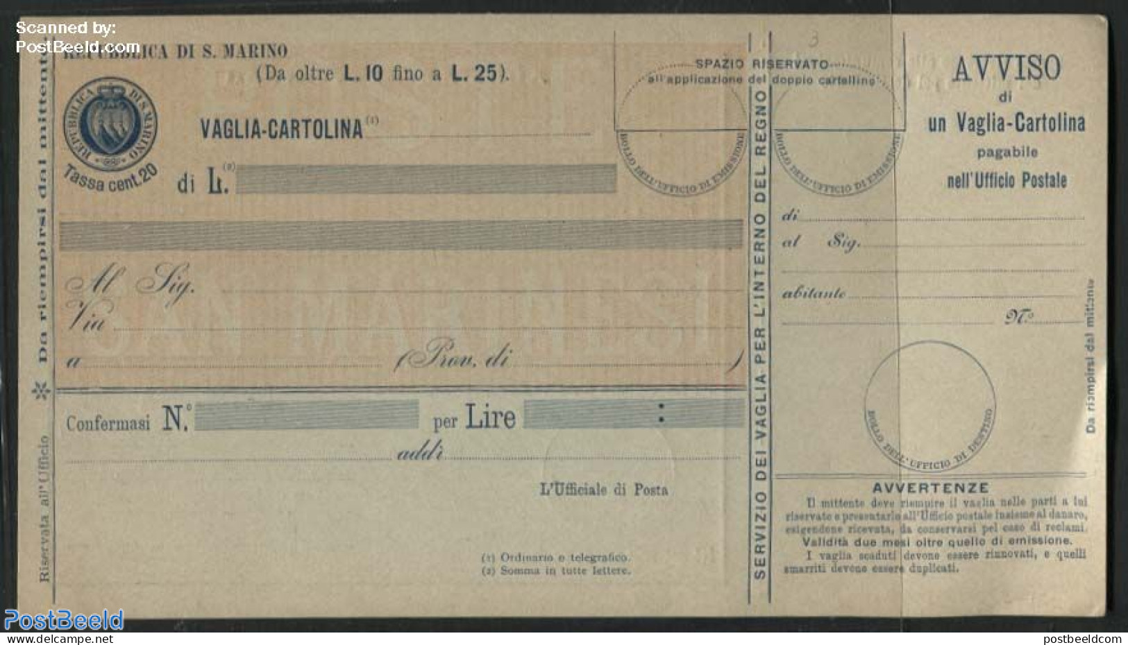 San Marino 1903 Money Order 20c, Unused Postal Stationary - Storia Postale