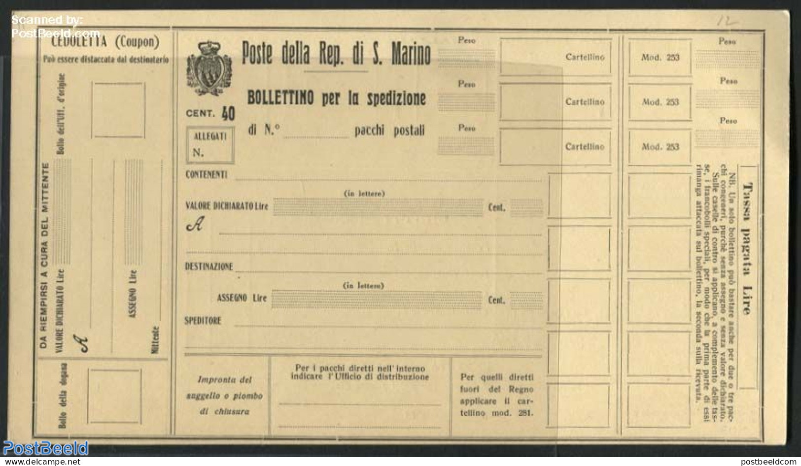 San Marino 1923 Parcel Card 40c, Black On Yellow, Unused Postal Stationary - Brieven En Documenten