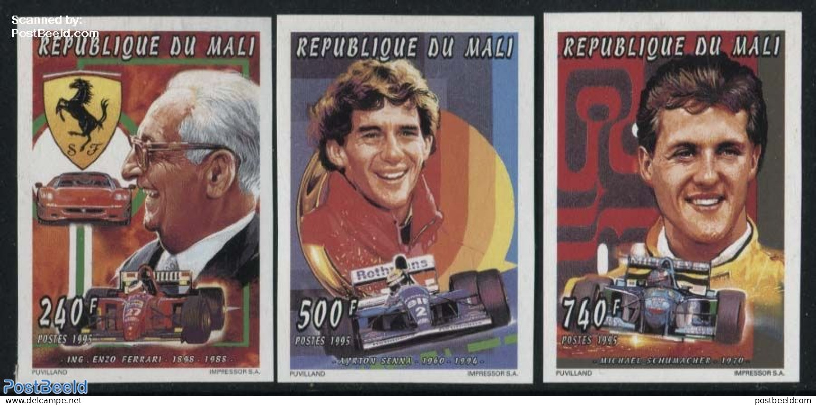 Mali 1995 Autosport 3v, Imperforated, Mint NH, Sport - Transport - Autosports - Ferrari - Cars