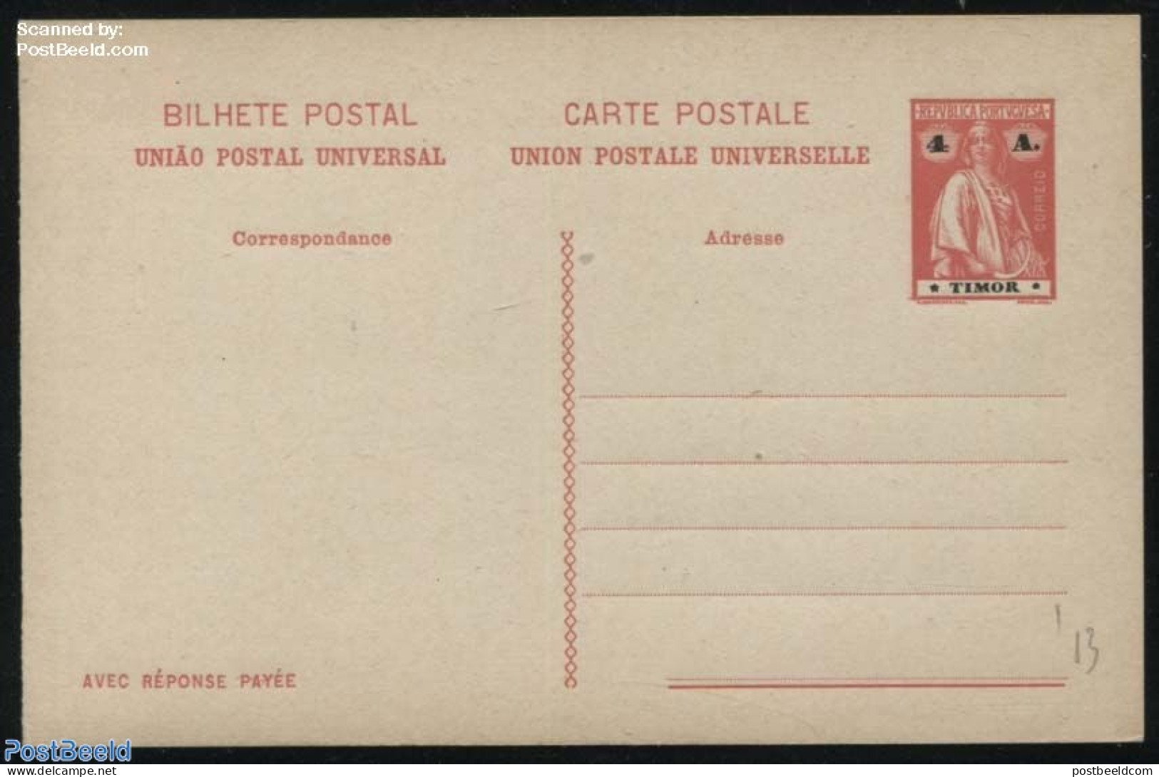 Timor 1913 Reply Paid Postcard  4/4A, Unused Postal Stationary - Timor Orientale