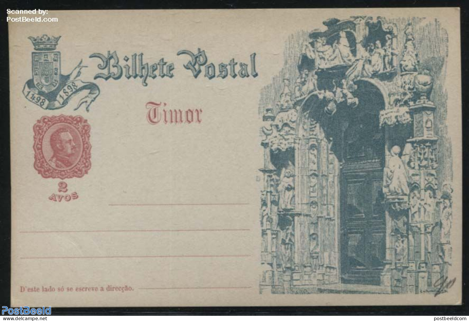 Timor 1898 Illustrated Postcard, 2 Avos, Portal, Unused Postal Stationary - Osttimor
