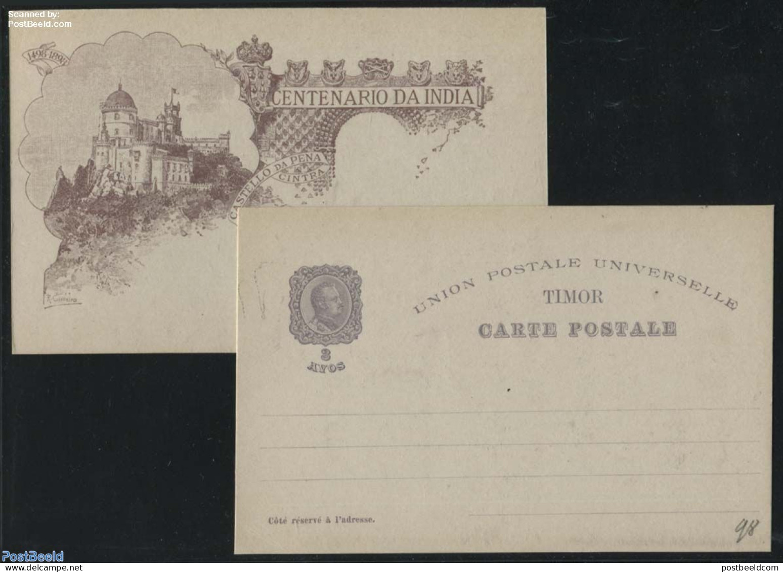 Timor 1898 Illustrated Postcard, 3 Avos, Castello Da Pena, Cintra, Unused Postal Stationary - Oost-Timor