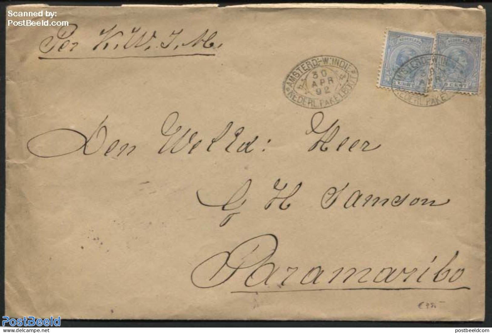 Netherlands 1892 Letter, Ship Post, From Amsterdam To Paramaribo, Postal History - Covers & Documents