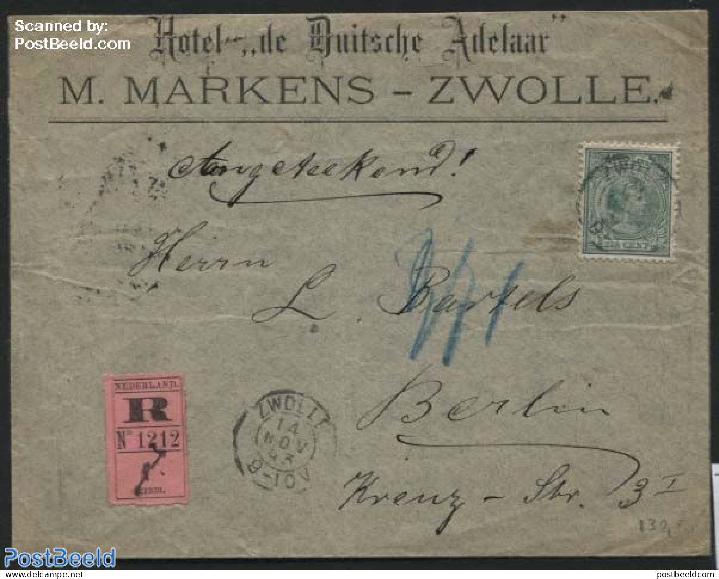 Netherlands 1893 Registered Letter From Zwolle To Berlin, Postal History - Covers & Documents