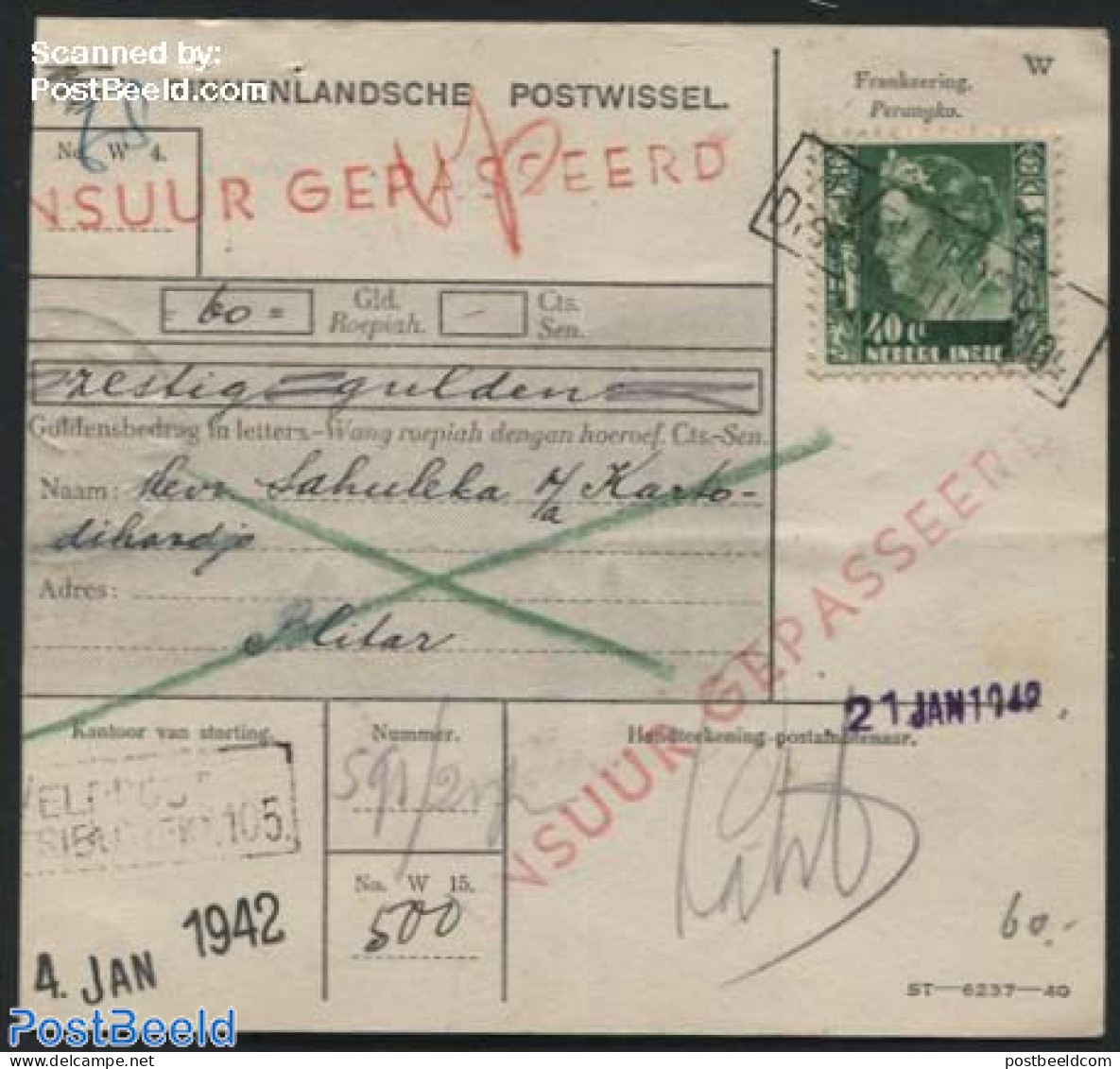 Netherlands Indies 1942 Money Order, Fieldpost, Postal History, History - World War II - Guerre Mondiale (Seconde)