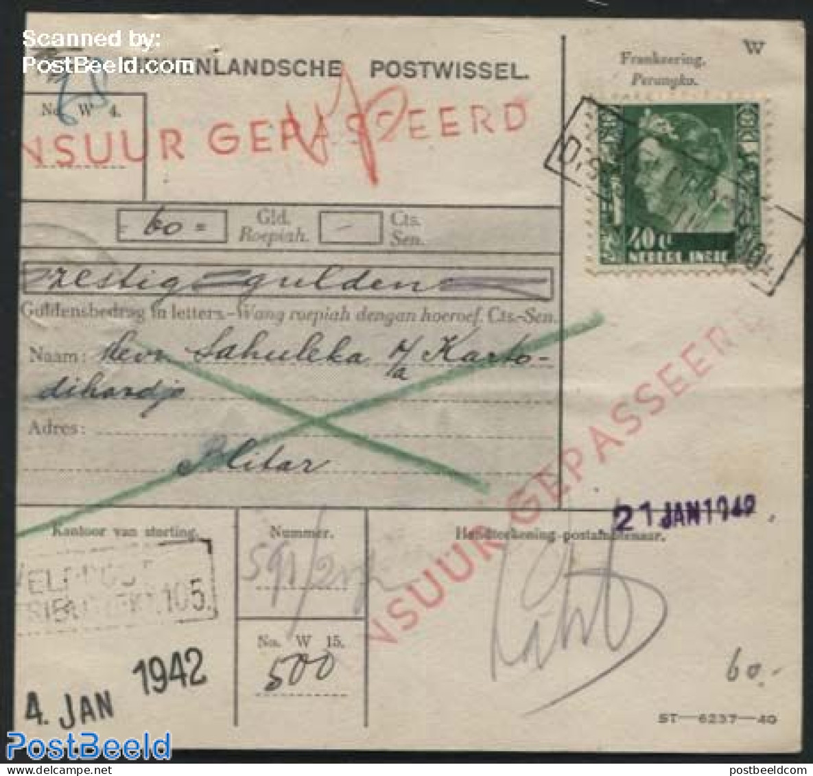 Netherlands Indies 1942 Money Order, Fieldpost, Postal History, History - World War II - WW2 (II Guerra Mundial)