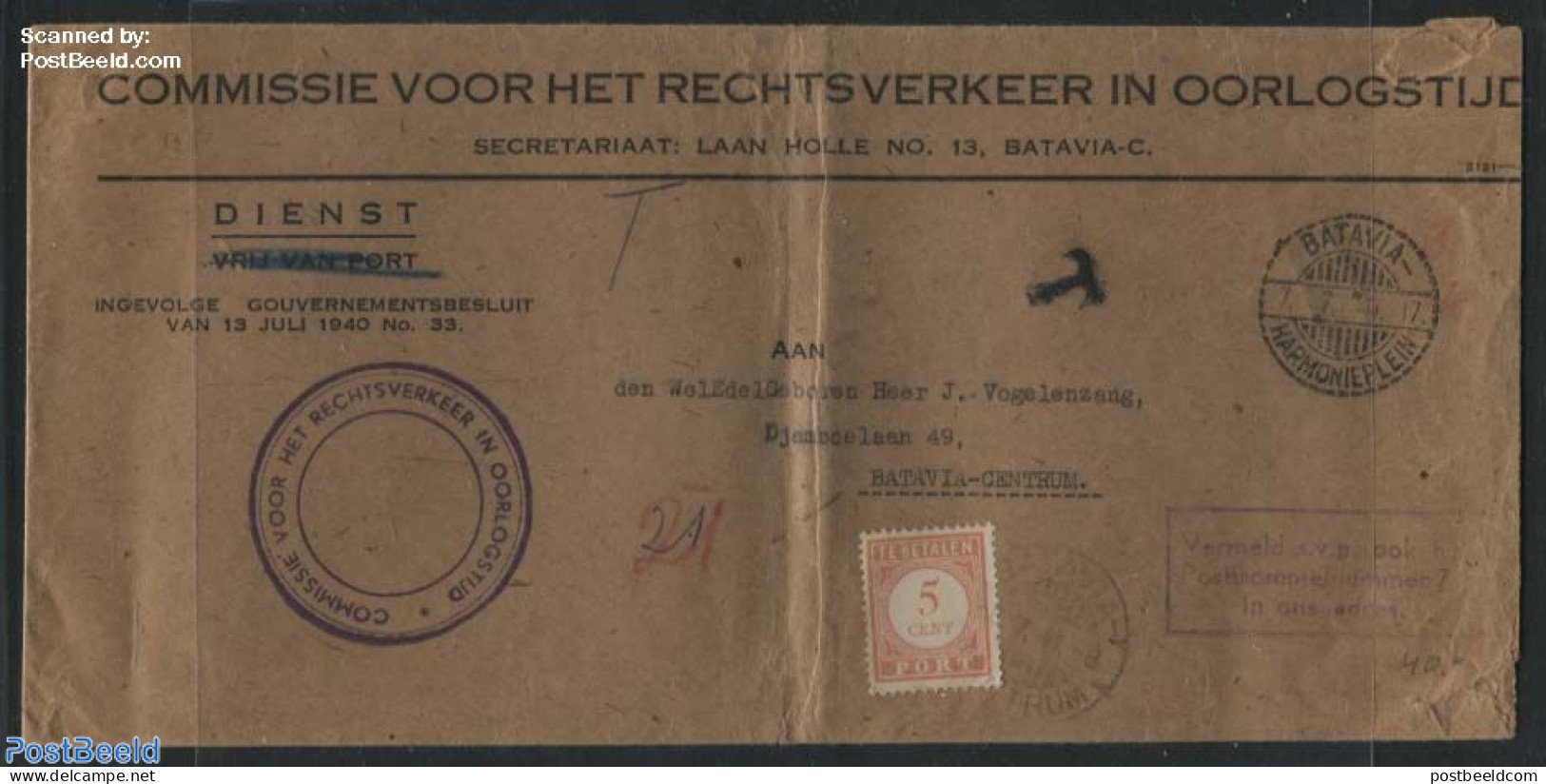 Netherlands Indies 1941 On Service, Postage Due 5c Letter, Postal History, History - World War II - 2. Weltkrieg
