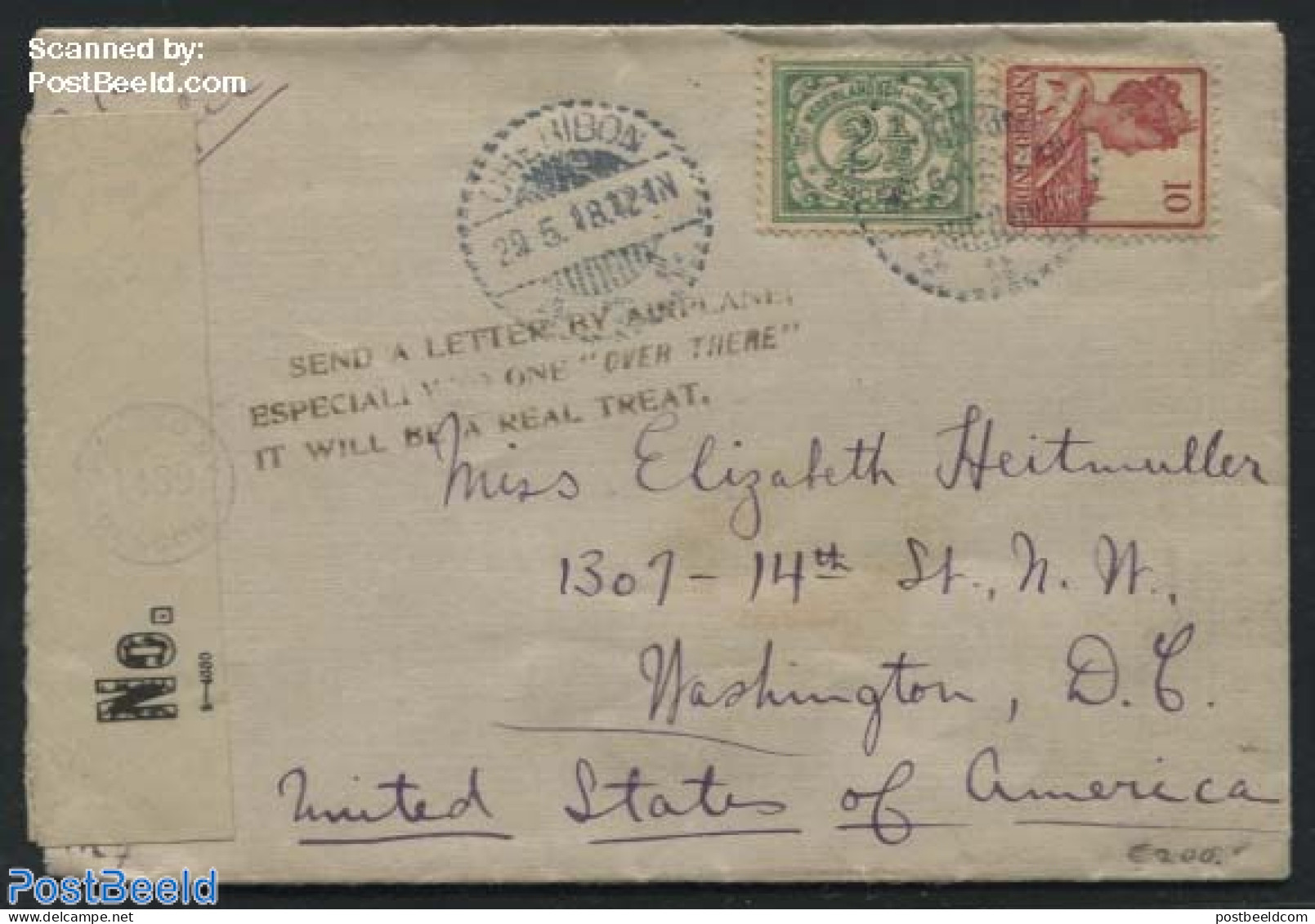 Netherlands Indies 1918 Censored Letter To US, Postmark To Promote Airmail Shipments, Postal History, Transport - Airc.. - Aviones