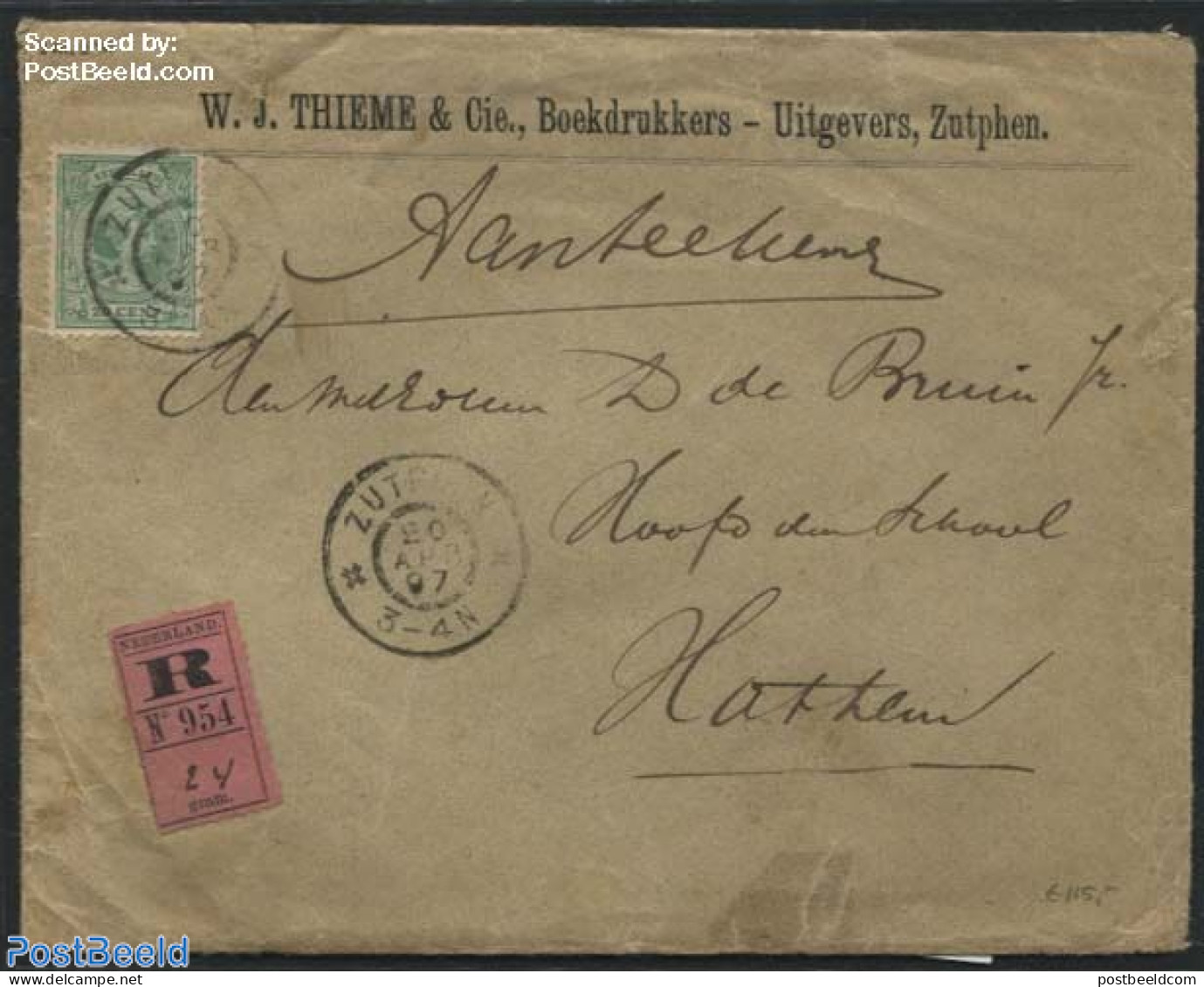 Netherlands 1897 Registered Letter From Zutphen To Hattem, Postal History - Covers & Documents