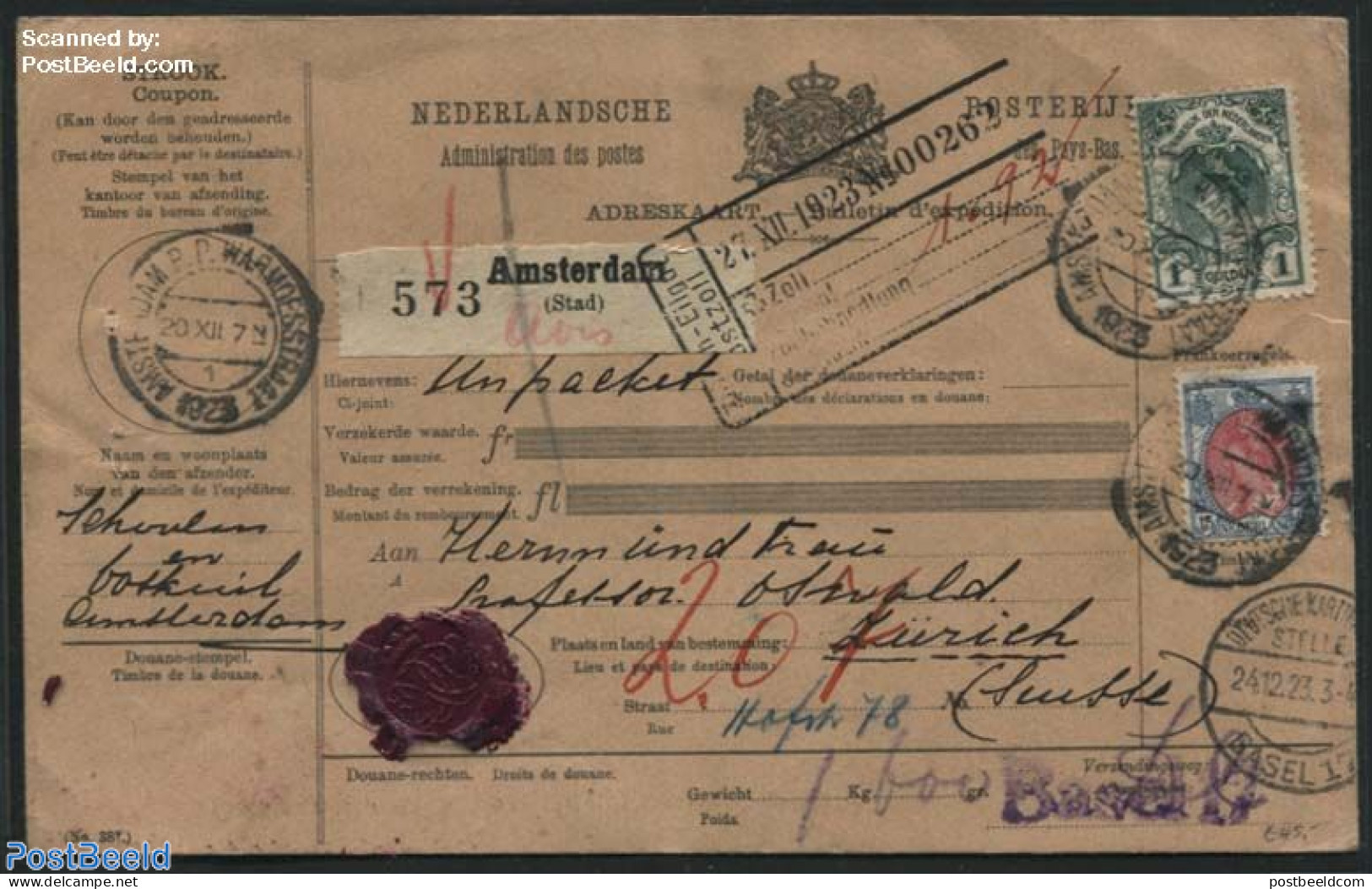 Netherlands 1923 Parcel Card For Shipment From Amsterdam To Zuerich, Postal History - Cartas & Documentos