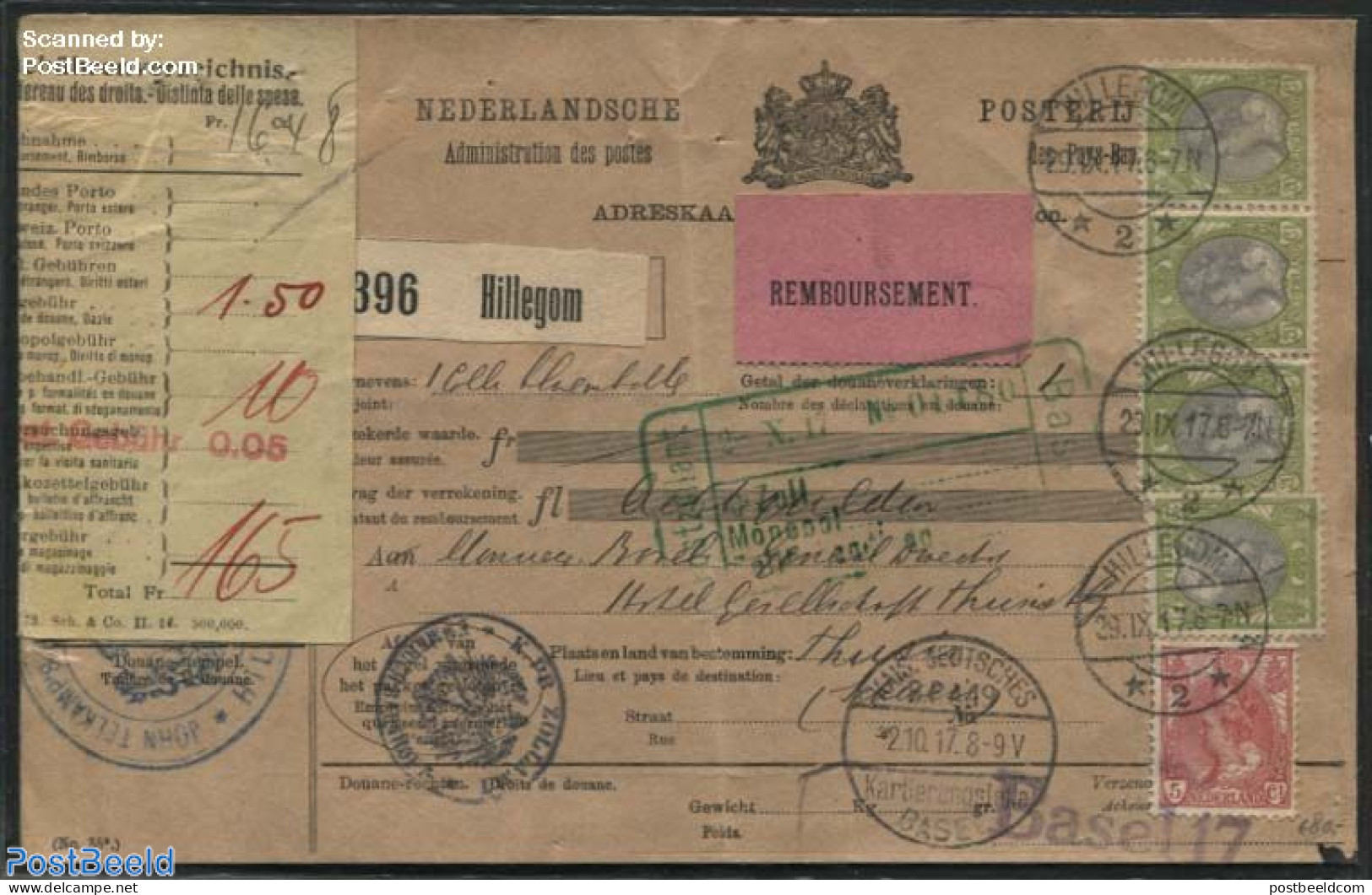 Netherlands 1917 Parcel Card For Shipment Of Flowerbulbs From Hillegom To Switzerland, Cash On Delivery (during W.W. ,.. - Cartas & Documentos