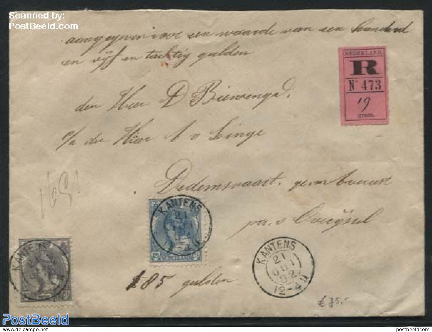 Netherlands 1902 Registered Letter With Declared Value From Kantens (Kleinrond) To Dedemsvaart, Postal History - Lettres & Documents