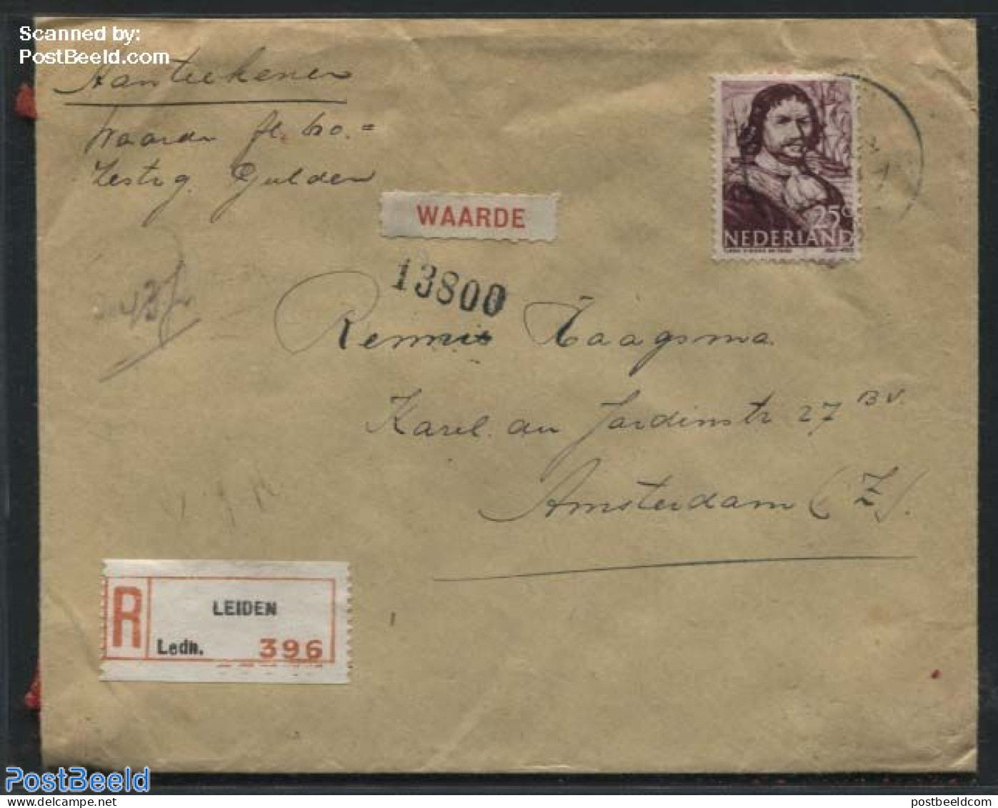 Netherlands 1943 Registered Letter With Declared Value With NVPH No. 419, Rare, Postal History - Covers & Documents