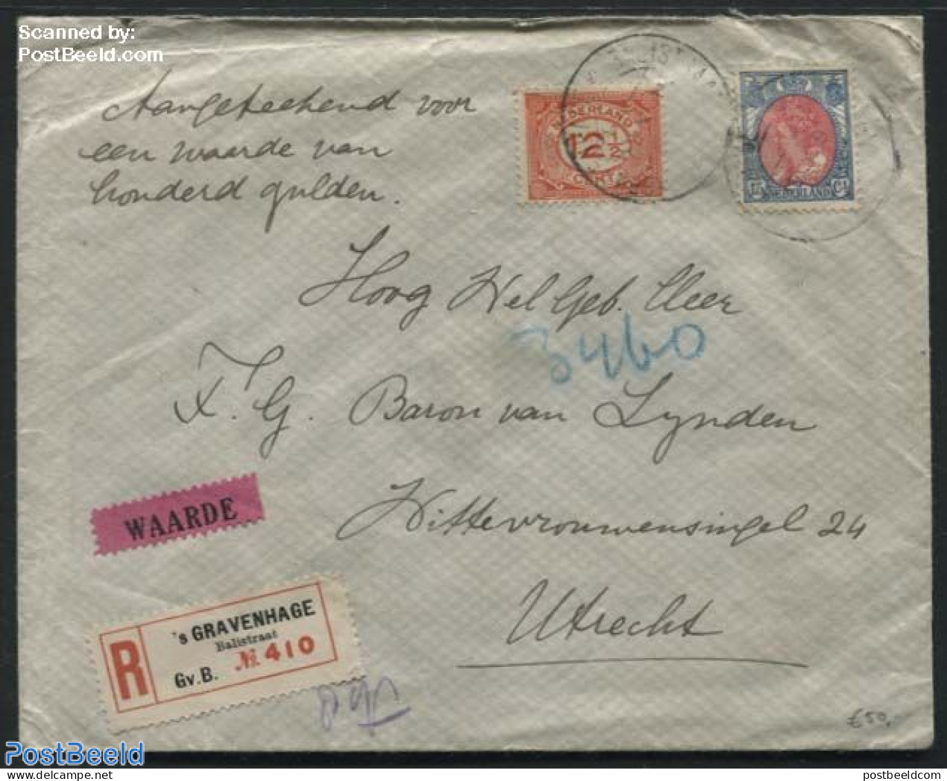 Netherlands 1923 Registered Letter With Declared Value, Mixed Postage, Postal History - Cartas & Documentos