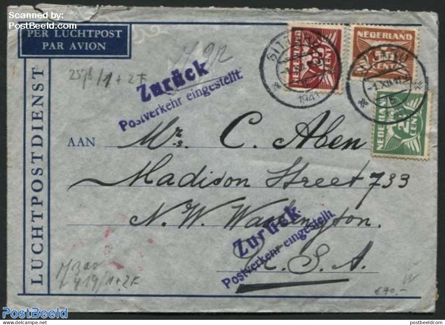 Netherlands 1941 Letter From Sittard To USA, Returned Due To Broken Postal Connection, Postal History, History - World.. - Cartas & Documentos