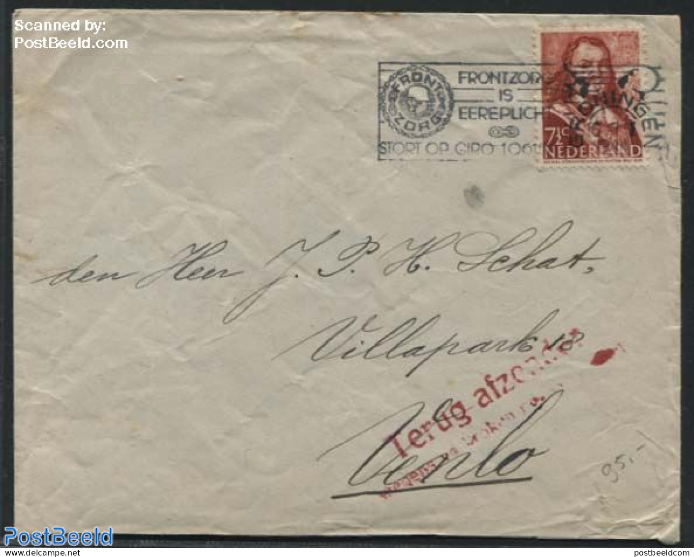 Netherlands 1944 Letter From Groningen To Venlo, Returned Due To Broken Postal Connection. Postmark 16 XI 1944 With P,.. - Brieven En Documenten