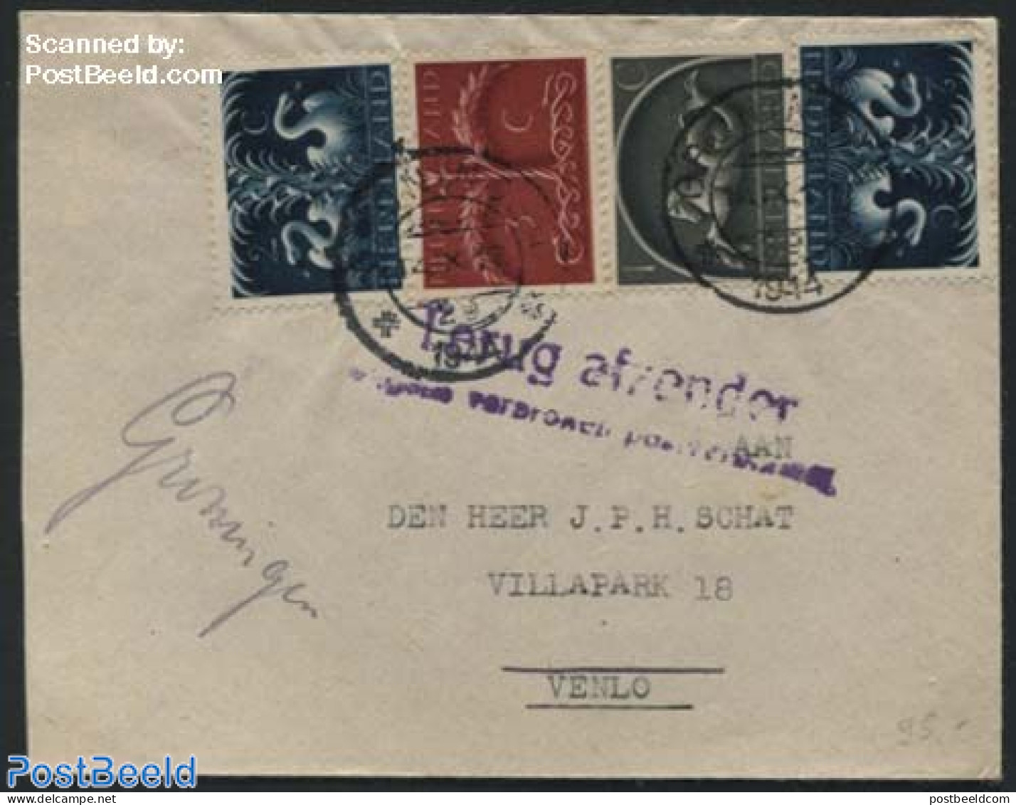 Netherlands 1944 Letter From Groningen To Venlo, Returned Due To Broken Postal Connection, Postmark: 14 IX 1944, Posta.. - Storia Postale