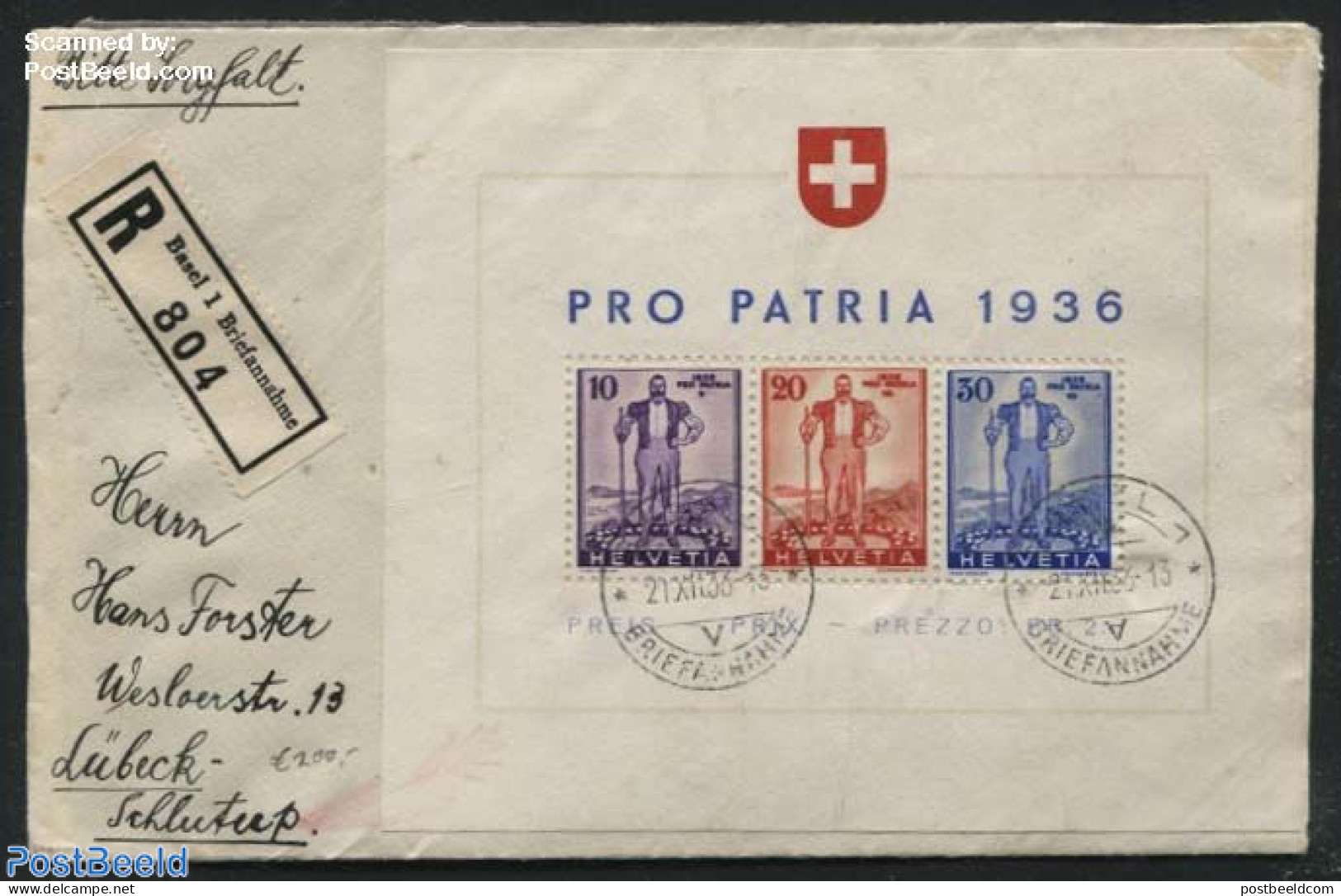 Switzerland 1936 Pro Patria 1936 S/s On Registered Cover, Postal History - Covers & Documents