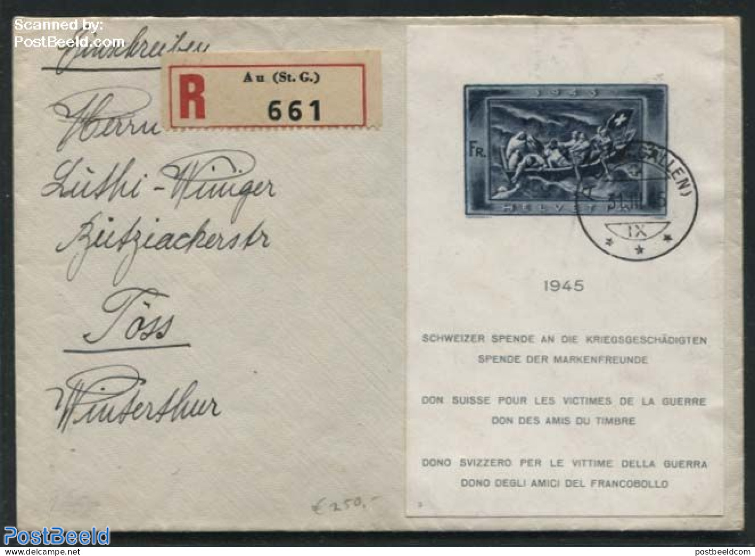 Switzerland 1945 War Victims S/s On Registered Cover, Postal History, Transport - Ships And Boats - Covers & Documents