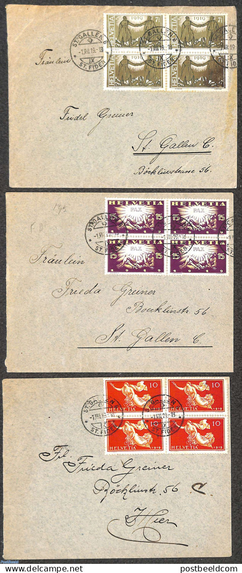 Switzerland 1919 Peace Treaty, Set In [+] On Three Covers, Canceled On First Day Of Issue (, First Day Cover - Lettres & Documents