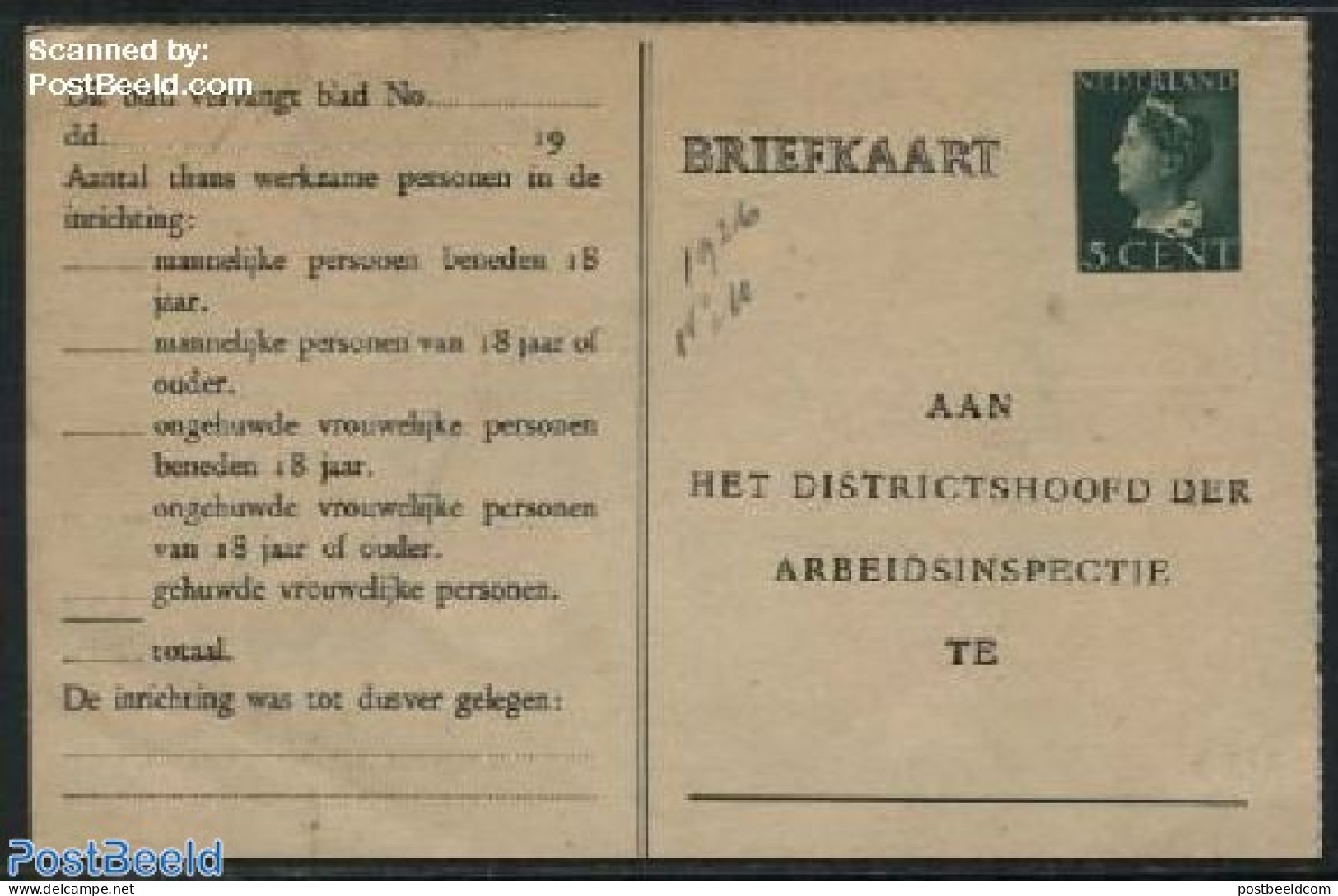 Netherlands 1946 Arbeidslijst, 5c GreeN, Cream Cardboard, Unused Postal Stationary - Brieven En Documenten