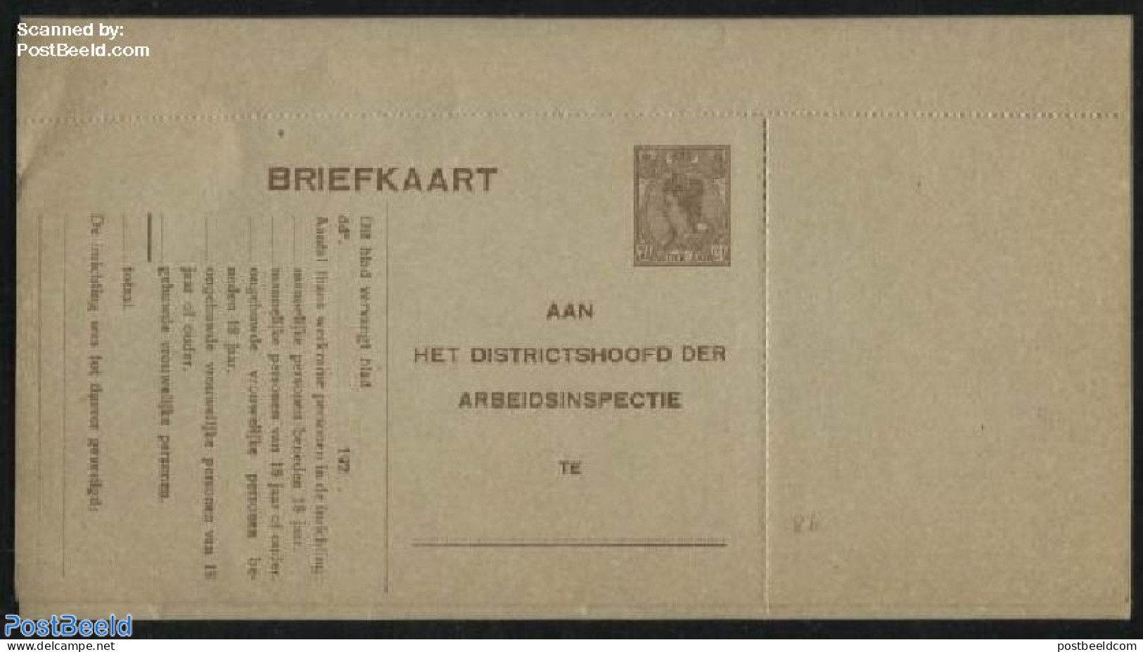 Netherlands 1923 Arbeidslijst 7.5c Brown, Complete Form, Unused Postal Stationary - Lettres & Documents