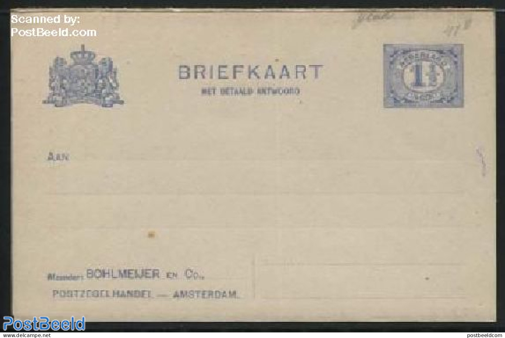 Netherlands 1917 Reply Paid Postcard With Private Text, Bohlmeijer Amsterdam, Unused Postal Stationary - Lettres & Documents