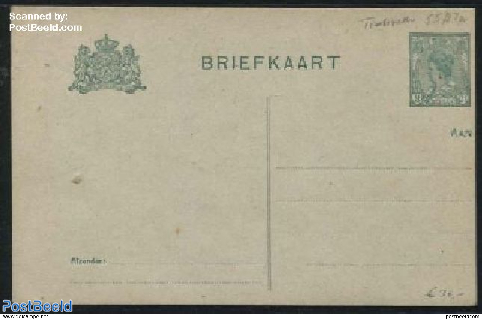 Netherlands 1916 Postcard 3c Green, Strongly Moved To The Right, Unused Postal Stationary, Various - Errors, Misprints.. - Covers & Documents