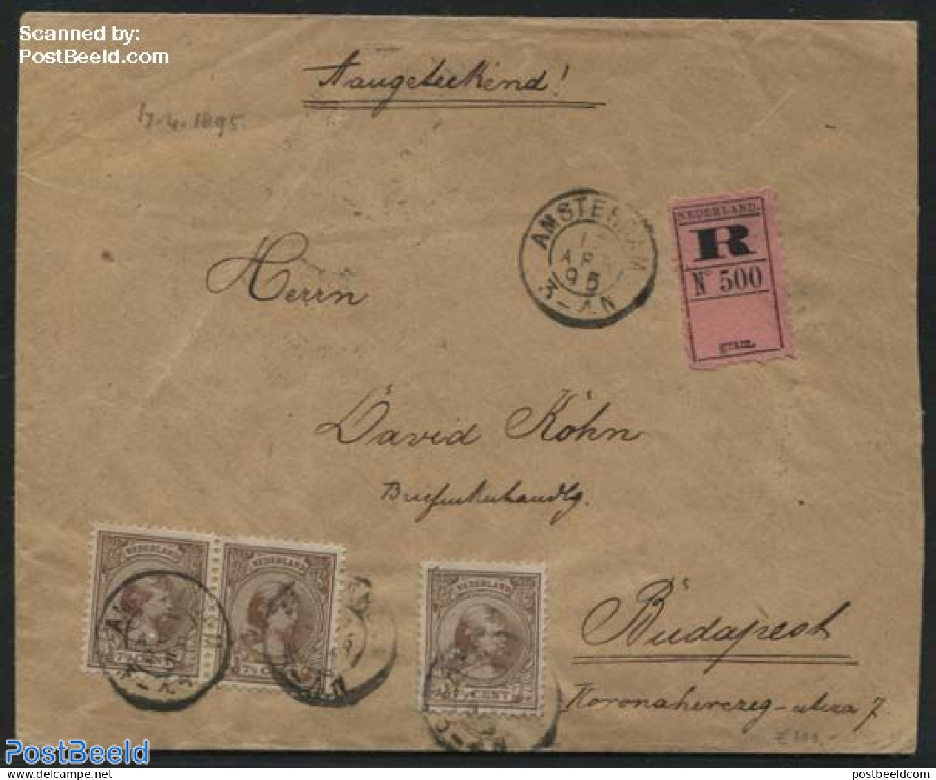 Netherlands 1895 Registered Letter From Amsterdam To Budapest, Postal History - Covers & Documents