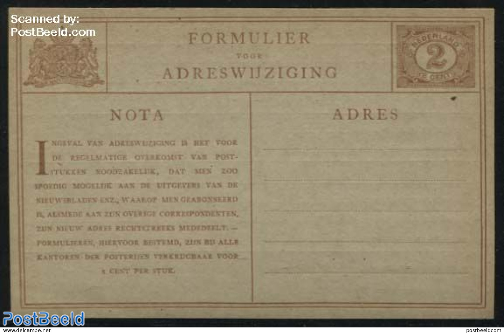 Netherlands 1923 New Address Card 2c Brown, Grey Cardboard, Unused Postal Stationary - Briefe U. Dokumente